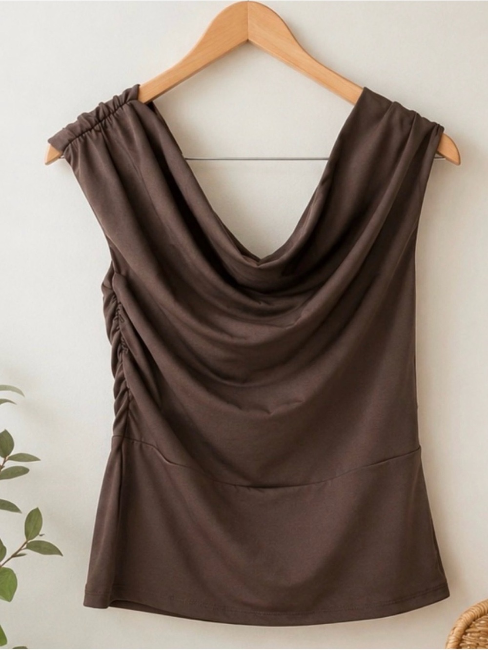 Brown Draped Cowl Neck Women’s Dress Top